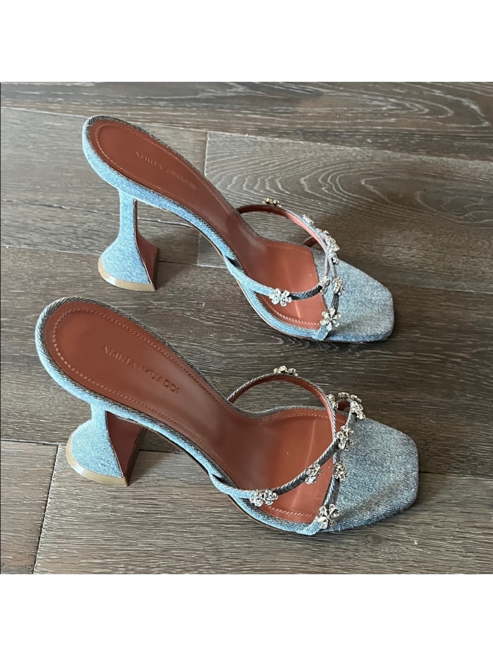 Amina Muaddi Glitter Blue Strappy Mules with Blush Insole - Picture 2 of 4
